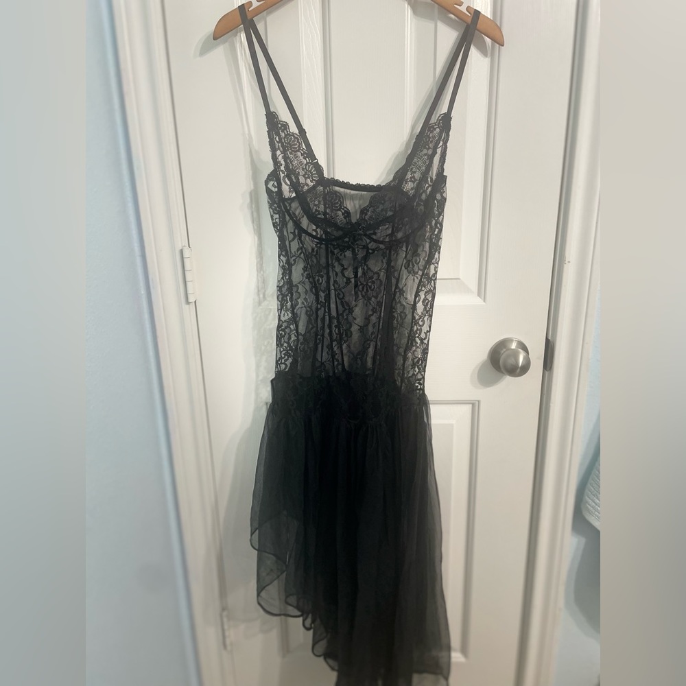 Vintage Faris Asymmetrical Black Laced Nightgown
